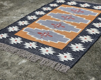 Wool Jute Kilim Rug: Bohemian Flatweave Area Rug Navajo Style Large Handmade Carpet