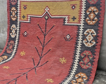 Handmade Kilim Rug, Navajo Flatweave Wool Jute, Vintage Area Carpet  Living Room Custom Size