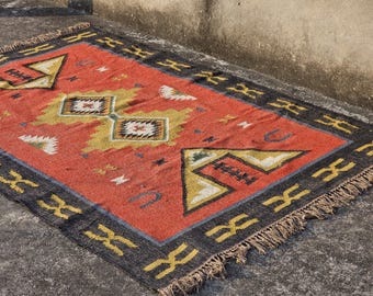Wool Jute Kilim Rug: Bohemian Southwestern Decor Area Navajo Style Large Handmade Carpet