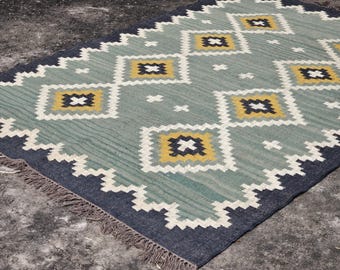 Wool Jute Kilim Rug: Bohemian Southwestern Decor Area Navajo Style Large Handmade Carpet