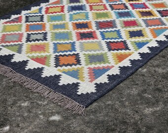 Handwoven Wool Jute Kilim Rug: Bohemian Flatweave Area Rug Navajo Style Large Handmade Carpet
