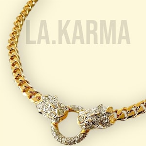 Vintage statementketting drakenkop | Gouden kinketting, strassteentjes | Sieraden met dierenmotief uit de jaren 80