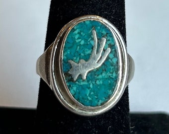 Vintage Sterling Silver Crushed Turquoise Ring-Size 8