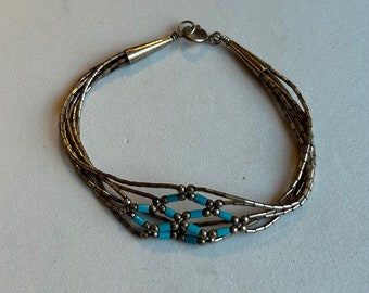 Vintage Southwest Six Strand Blue Beaded Sterling Silver Bracelet