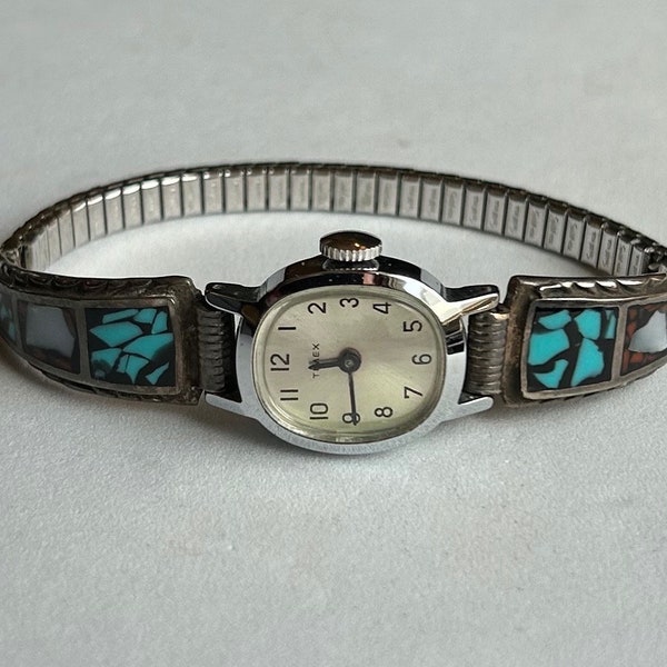 Vintage Southwest Sterling Silver Inset Turquoise And Mother Of Pearl Watch Band