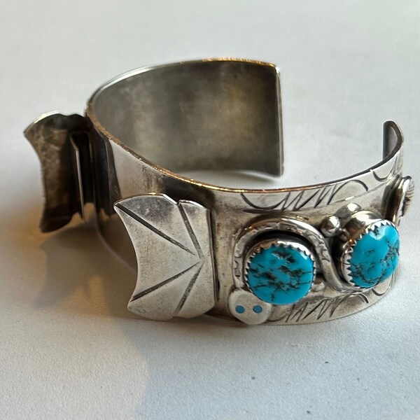 Native American Zuni Sterling Silver Turquoise Cuff Watch Bracelet-Hallmarked EFFIE C. ZUNI