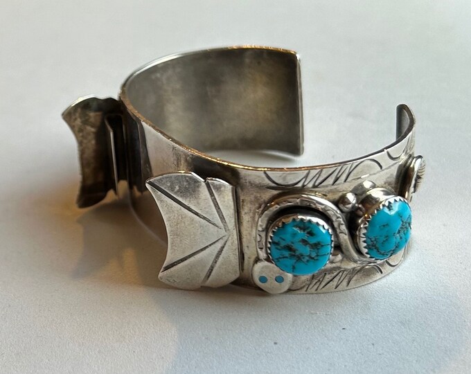 Native American Zuni Sterling Silver Turquoise Cuff Watch Bracelet ...