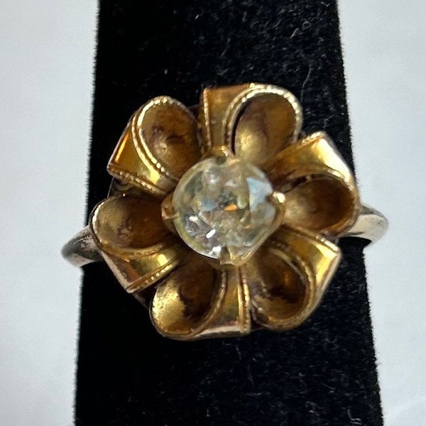 14 KT Gold Plated Clear Stone Flower Ring-Size 7 3/4