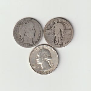 Twentieth Century Type Silver Quarters, Standing Liberty, Barber And Washington, 90% Silver