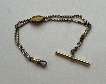 Vintage Gold Filled Pocket Watch Chain With Slide And T Bar, Missing One Seed Pearl