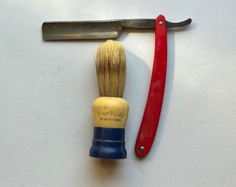 Vintage Red Straight Edge Razor With Shaving Brush