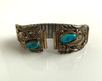 Southwest Gold Over Sterling Silver Turquoise Man&#39;s Watch Band