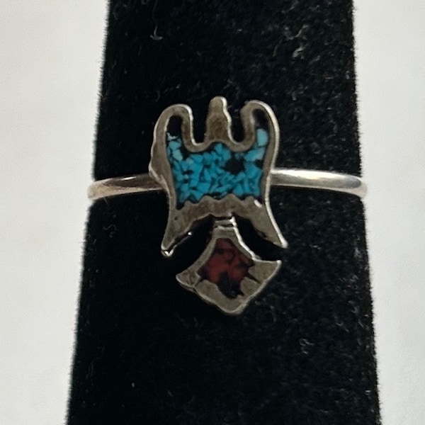 Sterling Silver Southwest Turquoise And Coral Ring-Size 5