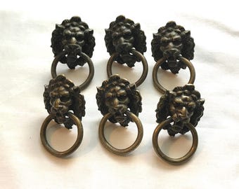 Six Vintage Brass/Bronze Lion Pulls/Drawer Handles