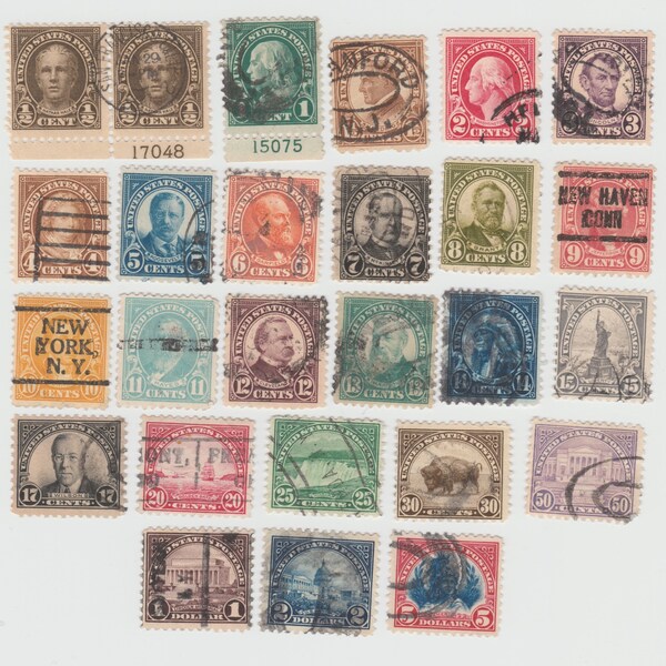 25 Old 1920's US Postage Stamps, 1/2 Cent To 5 Dollar