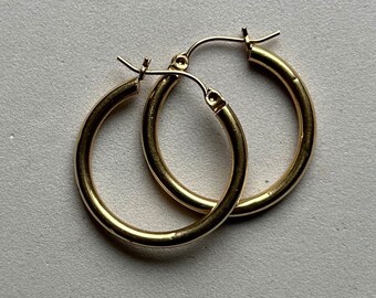 14 K Gold Hoop Pierced Earrings, One Inch Diameter