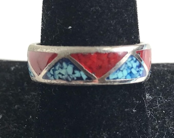 Silver Tone Turquoise And Coral Band Ring-Size 11