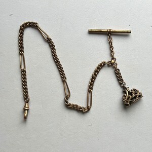 Gold Filled Pocket Watch Chain With T Bar And Ornate Fob