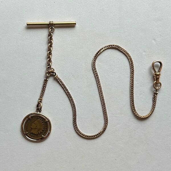 Gold Filled Pocket Watch Chain With T Bar And Indian Head Penny Fob