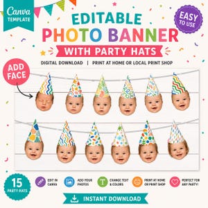 Könnte beinhalten: Eine digitale Fotobanner-Vorlage mit dem Text "Bearbeitbares Fotobanner mit Partyhüten". Das Banner zeigt 12 Babygesichter mit bunten Partyhüten. Das Design enthält Symbole zum Bearbeiten, Hinzufügen von Fotos, Ändern von Text und Drucken.