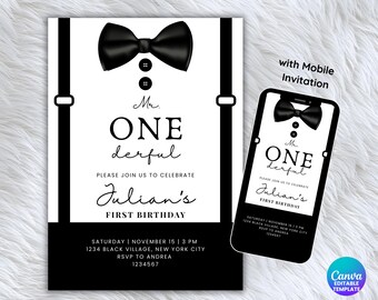 Mr. Onederful First Birthday Invitation | Boy 1st Birthday Party | Editable Template | Black and White Invitation | Little Gentleman