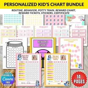 Puede incluir: Un paquete de gráficos personalizados para niños con gráficos de rutina, comportamiento, entrenamiento para ir al baño y recompensas. Incluye boletos de recompensa, pegatinas y un certificado. El paquete presenta un gráfico de tarro, gráficos de estrellas y un gráfico de orinal.