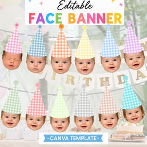 Può includere: Un modello di banner con volti modificabile che mostra diversi volti di neonati con cappellini da festa a quadretti vichy rosa, blu, arancioni, gialli, verdi, grigi e viola. Il testo recita Editable FACE BANNER e CANVA TEMPLATE.
