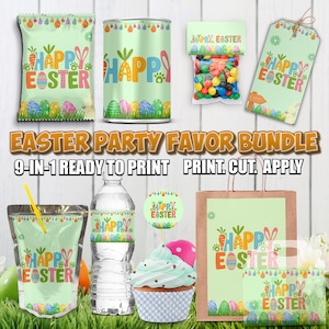 May include: An Easter party favor bundle with various items, including a bag of candy, a juice pouch, a water bottle, a cupcake, and a gift bag. Each item features the text "Happy Easter" with colorful graphics.