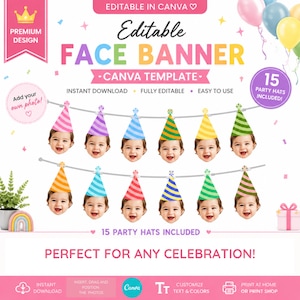 May include: A pink and white graphic design for an editable face banner template. The banner includes 15 party hats with baby faces, and the text "Editable Face Banner" and "Perfect for any celebration!"