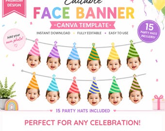 Banner de caras editable con gorros de fiesta / Guirnalda de fotos con gorros de fiesta / Añade tu propia foto al banner de caras / Decoración para fiesta de cumpleaños / Banner imprimible