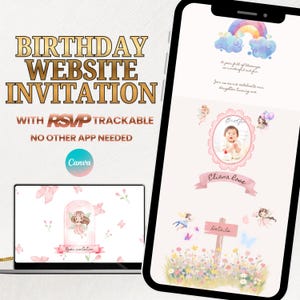 May include: A digital birthday website invitation displayed on a smartphone and tablet. The invitation features a pink and white design with a photo, fairies, flowers, and the text "BIRTHDAY WEBSITE INVITATION". It includes RSVP tracking.