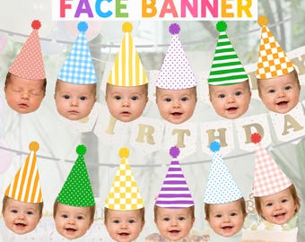 Bearbeitbares Gesichtsbanner mit Partyhüten | Partyhut-Fotogirlande | Fügen Sie Ihr eigenes Foto als Gesichtsbanner hinzu | Geburtstagsdeko | Monatsbanner