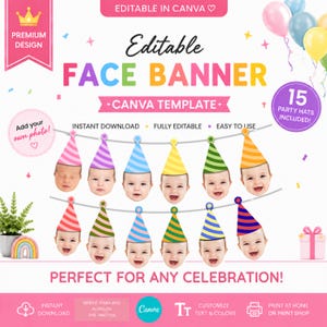 Bearbeitbares Gesichtsbanner mit Partyhüten |  Partyhut-Girlande | Fügen Sie Ihr eigenes Fotogesicht hinzu Banner | Geburtstagsparty Dekor | Druckbare Banner