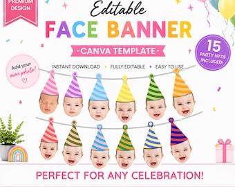 Editable Face Banner with Party Hats |  Party Hat Photo Garland | Add your Own Photo Face Banner | Birthday Party Decor | Printable Banner