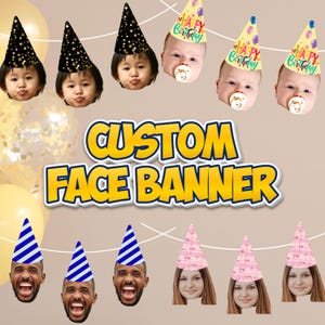 Könnte beinhalten: Ein individuelles Gesichtsbanner mit Gesichtern, die Partyhüte tragen. Einige tragen schwarze Hüte mit goldenen Sternen, andere blau-weiß gestreifte Hüte und wieder andere rosa karierte Hüte. Das Banner enthält den Text "CUSTOM FACE BANNER".