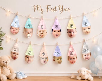 Custom Baby First Year Banner with Photo | Monthly Milestone Banner | First Birthday Photo Banner | Personalized Baby Milestone Garland