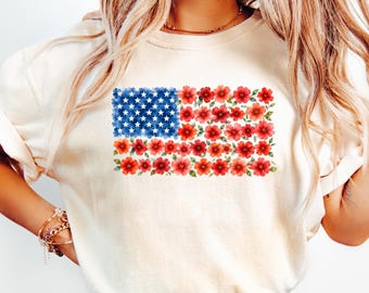 Floral American Flag Shirt, Patriotic Flower T-Shirt, 4th of July Floral Tee, Red Poppy Flag Shirt, Women's Independence Day Gift
