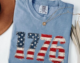 Distressed Faux Patchwork 1776 USA Flag Comfort Colors Shirt, Vintage Patriotic Graphic Tee, American Shirt, 4th of July Shirt