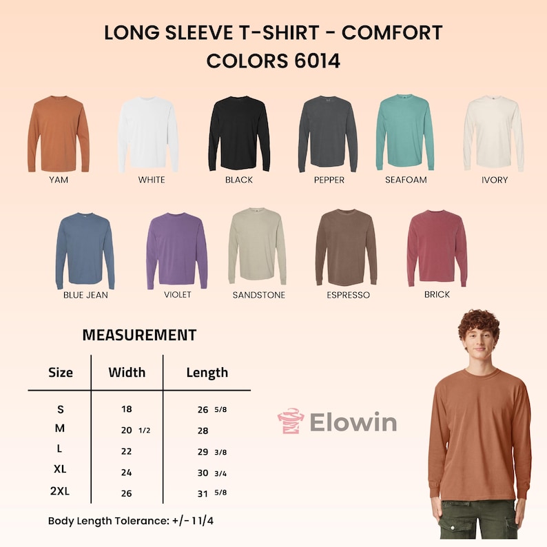 Pode incluir: Uma cartela de cores para camisetas de manga longa Comfort Colors 6014 em doze tons, incluindo yam, branco, preto, pimenta, espuma do mar, marfim, azul jeans, violeta, arenito, expresso e tijolo, com uma tabela de tamanhos em polegadas e um modelo.