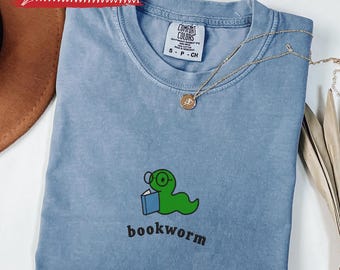 Bookworm Embroidered Tee – Cute Comfort Colors Shirt for Book Lovers, Bookish Gifts
