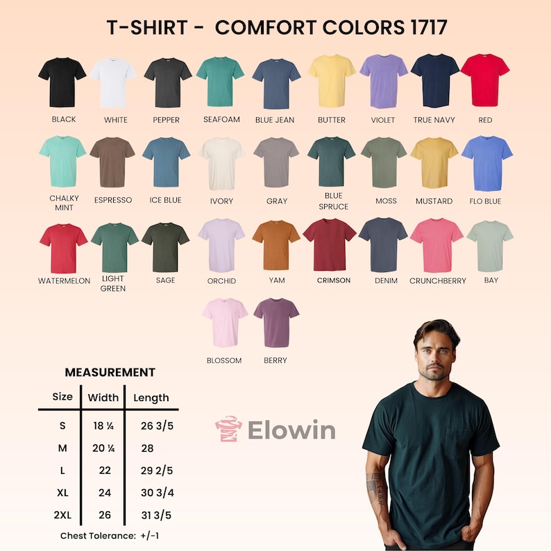 Pode incluir: Uma cartela de cores para camisetas Comfort Colors 1717 exibindo 30 op&ccedil;&otilde;es de cores diferentes com etiquetas incluindo black, white, pepper, seafoam, blue jean, butter, violet, true navy, red, chalky mint, espresso, ice blue, ivory, gray, blue spruce, moss, mustard, flo blue, watermelon, light green, sage, orchid, yam, crimson, denim, crunchberry, bay, blossom e berry, junto com uma tabela de medidas em polegadas e uma camiseta.