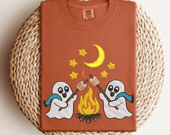 Cute Ghosts Camping Embroidered Comfort Colors® Tee, Summerween, Spooky Season Outdoors Gifts, Halloween Vintage Embroidery Tshirt