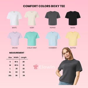 Op de afbeelding: Afbeelding van een Comfort Colors Boxy Tee in wit, ivoor, peper, zwart, orchidee, krijtmunt, chambray en boter. Maten S tot 2XL, met breedtes van 46.36 cm tot 66.04 cm en lengtes van 50.8 cm tot 60.96 cm. De tekst "COMFORT COLORS BOXY TEE" is zichtbaar.