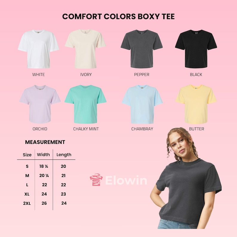 Op de afbeelding: Afbeelding van een Comfort Colors Boxy Tee in wit, ivoor, peper, zwart, orchidee, krijtmunt, chambray en boter. Maten S tot 2XL, met breedtes van 46.36 cm tot 66.04 cm en lengtes van 50.8 cm tot 60.96 cm. De tekst "COMFORT COLORS BOXY TEE" is zichtbaar.