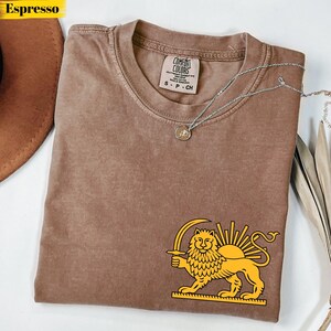 May include: Espresso-colored Comfort Colors t-shirt with a yellow lion and sun graphic. The shirt has a crew neck and short sleeves. A silver necklace with a small pendant is draped across the shirt.