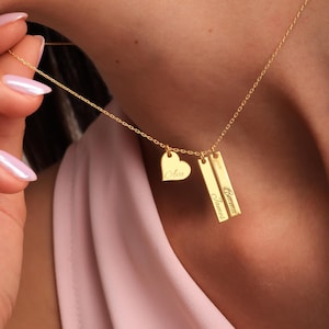 Personalisierte Bar Halskette mit Herz Anhänger, Benutzerdefinierte Namen Halskette für Mama, Gravierte Familie Bar Halskette, Zierliches Geschenk, Weihnachtsgeschenke