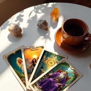 May include: A still life featuring tarot cards, a cup of coffee, and crystals on a white table. The tarot cards depict various scenes with figures and symbols. The cup and saucer are a warm brown color.
