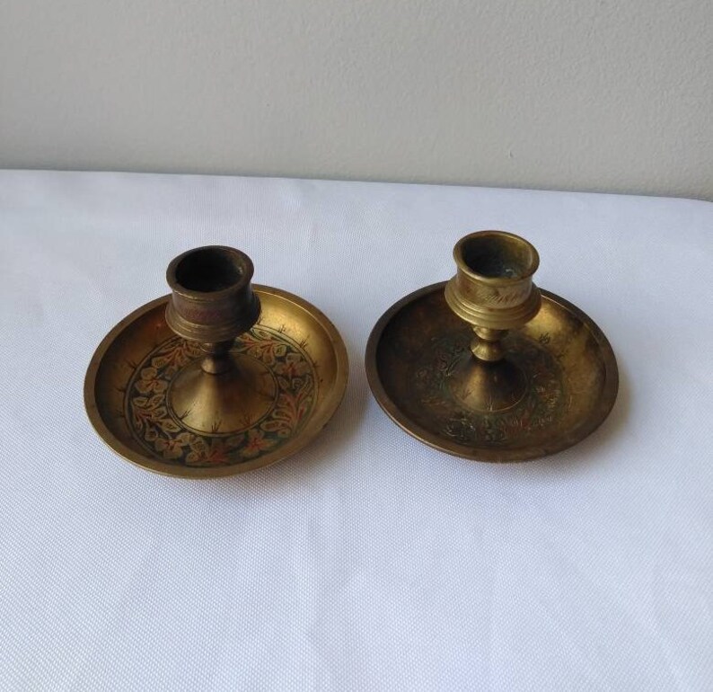 Set of Two Etched Brass Candlestick Stick Holders - Etsy
