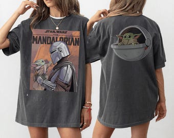 Mandalorian 2 Sided Graphic Shirt, Vintage Washed Star Wars Tee, Grogu Bounty Hunter Top, 90s Style Star Wars Merch,Star Wars Streetwear Tee