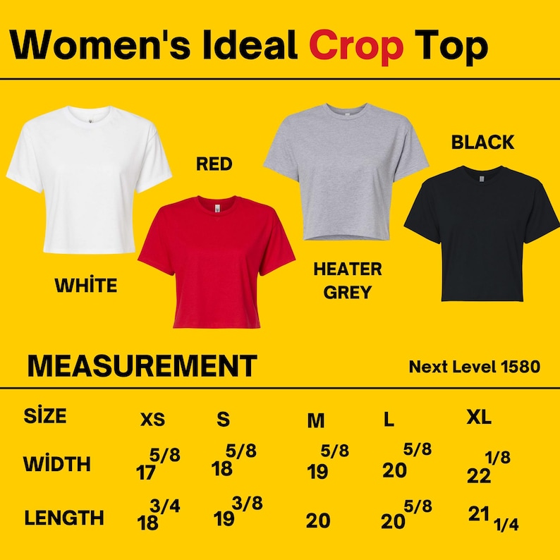 May include: A product image showcasing crop tops in white, red, heather grey, and black. The text "Women's Ideal Crop Top" is at the top. Measurements are provided for sizes XS to XL, including width and length in inches.